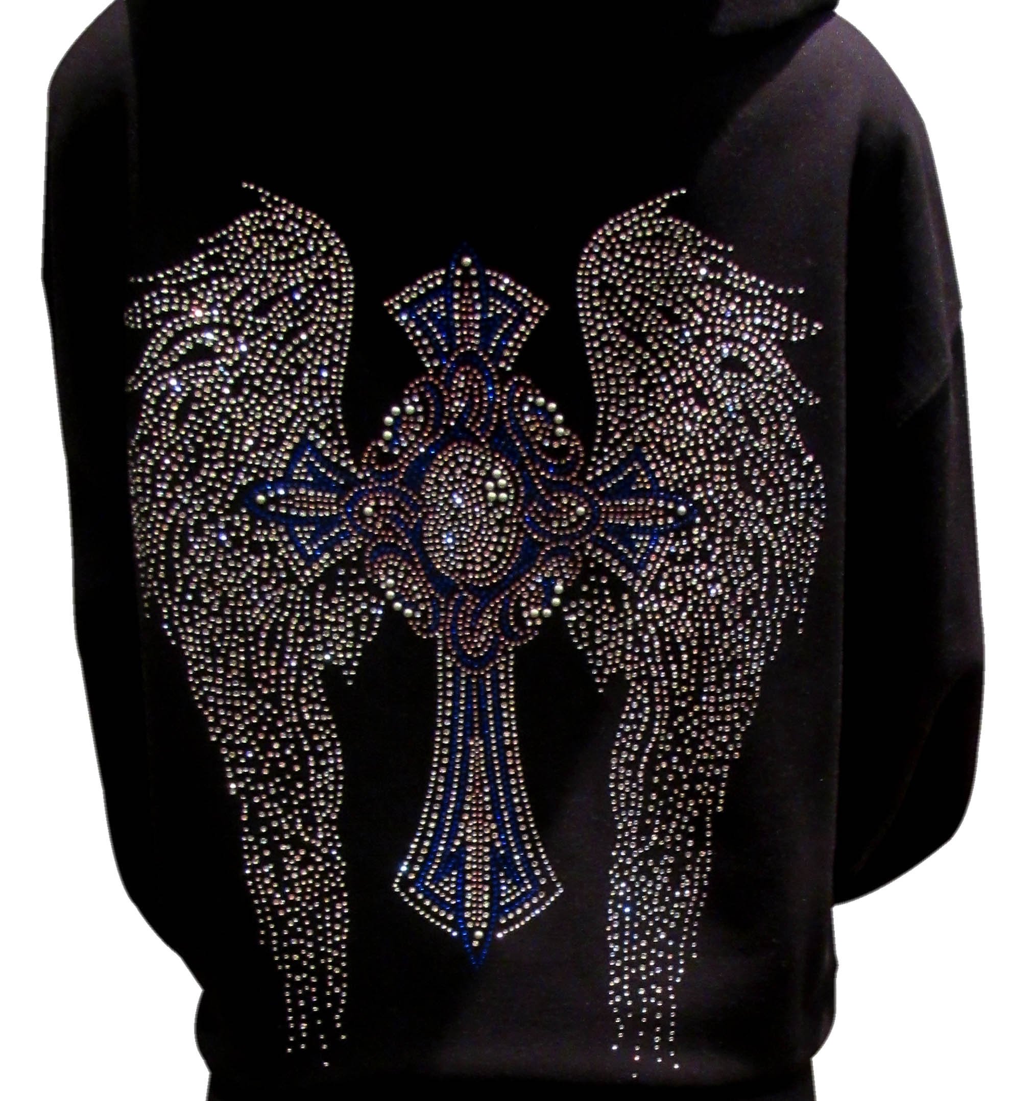 Multicolor Rhinestone Cross and Angel Wings Black Zipper Hoodie(XL)