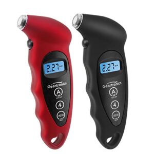 geartronics digital tire pressure gauge 150 psi 4 settings with backlight lcd tire gauge for cars, motorcycles and bikes with non-slip grip, 2 pack