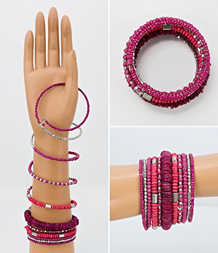 SPUNKYsoul Handmade Bohemian Coil in Shocking Hot Pink and Silver Bracelet for Women Collection