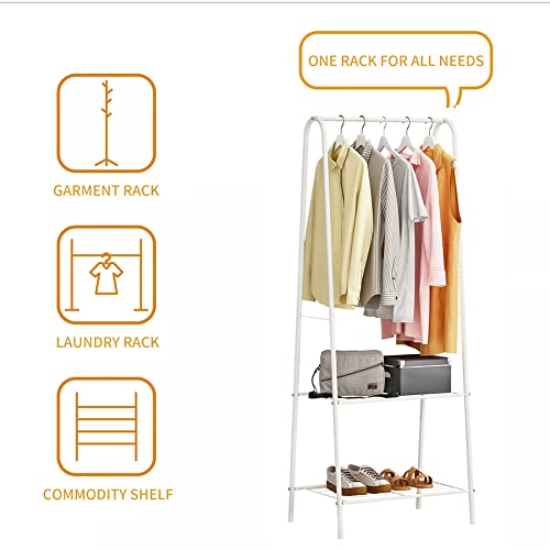 Home-Like 2-Tier Garment Rack, Metal Clothes Rack, Storage Clothing Rack with Single Hanging Rail and 2 Shelf for Bedroom Entryway Launary L23.7"xW13.19"x H62.99" White