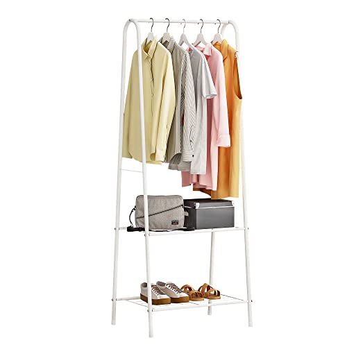 Home-Like 2-Tier Garment Rack, Metal Clothes Rack, Storage Clothing Rack with Single Hanging Rail and 2 Shelf for Bedroom Entryway Launary L23.7"xW13.19"x H62.99" White