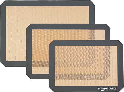 Amazon Basics Silicone, Non-Stick, Food Safe Baking Mat, Pack of 3, Beige/Gray, Rectangular, 16.5" x 11.62"