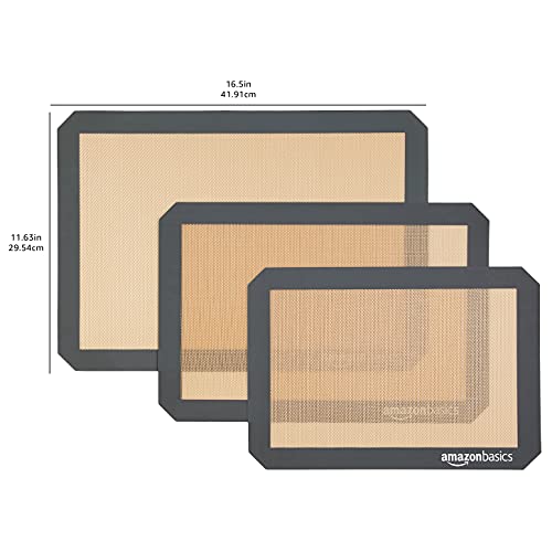 Amazon Basics Silicone, Non-Stick, Food Safe Baking Mat, Pack of 3, Beige/Gray, Rectangular, 16.5" x 11.62"