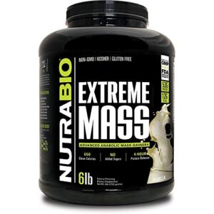 nutrabio extreme mass - 53g protein - advanced anabolic muscle mass gainer protein - high calorie - full spectrum amino acid - vanilla, 6 pound