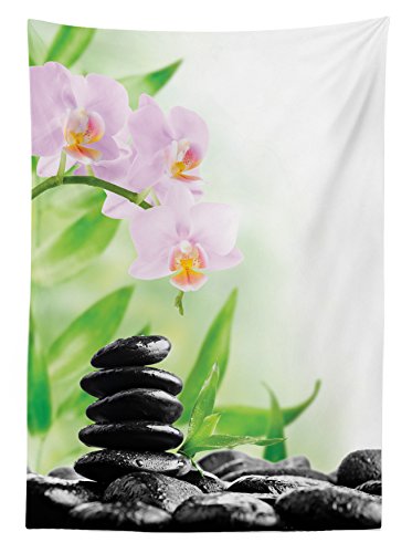 Ambesonne Spa Outdoor Tablecloth, Basalt Stones and Orchid with Dew Peaceful Nature Theraphy Massage Meditation, Decorative Washable Picnic Table Cloth, 58" X 120", Black Pink Green