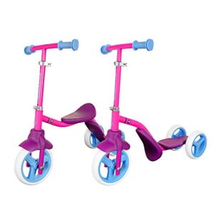 swagtron k2 three-wheel transforming scooter & balance trike, 2-in-1 adjustable ride-on for kids age 2-5, pink