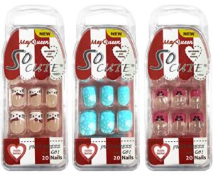 beautia 3 pack 60tips so cute junior false fake design nails, sticker nail for kids