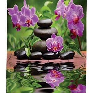 Lunarable Spa Outdoor Tablecloth, Basalt Stones and Orchid Reflecting on Water Greenery Wellbeing Tropical, Decorative Washable Picnic Table Cloth, 58" X 84", Fern Green Lavender