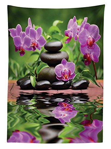 Lunarable Spa Outdoor Tablecloth, Basalt Stones and Orchid Reflecting on Water Greenery Wellbeing Tropical, Decorative Washable Picnic Table Cloth, 58" X 84", Fern Green Lavender