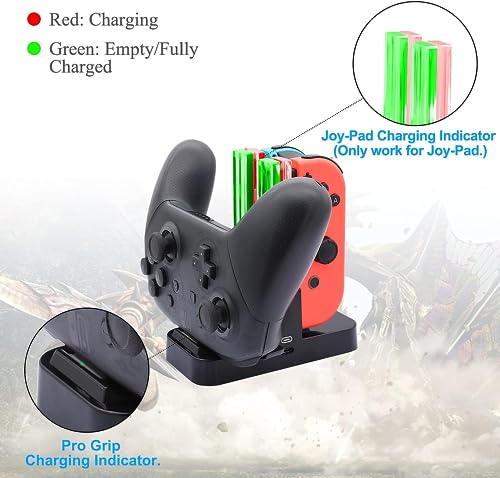 FastSnail USB Controller Charger Compatible with Nintendo Switch & OLED Model for Joycon, Charging Dock Station for Joy con and for Pro Controller with Charger Indicator and Type C Charging Cable