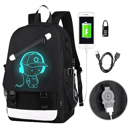 FLYMEI Anime Luminous Backpack for Boys, 15.6'' Laptop Backpack with USB Charging Port, Bookbag for School with Anti-Theft Lock, Black Teens Backpack Cool Backpack for Boys