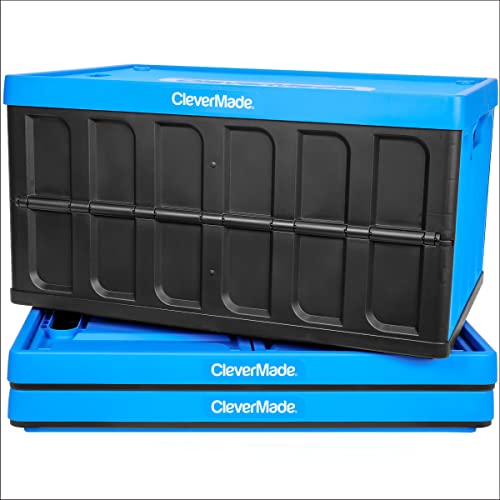 CleverMade 62L Collapsible Storage Bins with Lids - Folding Plastic Stackable Utility Crates, Solid Wall CleverCrates, 3 Pack, Neptune Blue