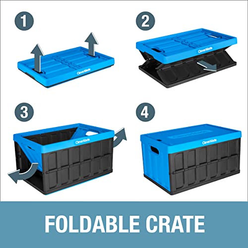 CleverMade 62L Collapsible Storage Bins with Lids - Folding Plastic Stackable Utility Crates, Solid Wall CleverCrates, 3 Pack, Neptune Blue