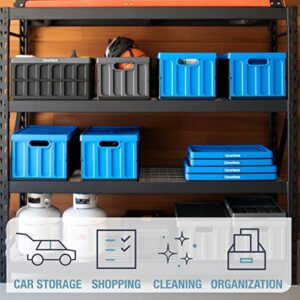 CleverMade 62L Collapsible Storage Bins with Lids - Folding Plastic Stackable Utility Crates, Solid Wall CleverCrates, 3 Pack, Neptune Blue