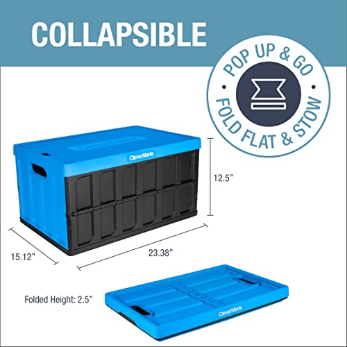 CleverMade 62L Collapsible Storage Bins with Lids - Folding Plastic Stackable Utility Crates, Solid Wall CleverCrates, 3 Pack, Neptune Blue