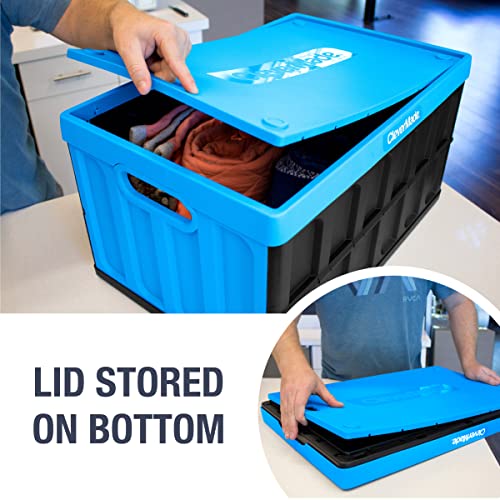CleverMade 62L Collapsible Storage Bins with Lids - Folding Plastic Stackable Utility Crates, Solid Wall CleverCrates, 3 Pack, Neptune Blue