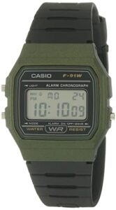 casio unisex watch in resin/acrylic glass with date display and led light - water resistance & alarm, green, 38.2 x 35.2 x 8.5 mm, strap (f-91wm-3aef)