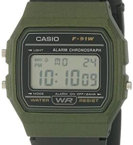 Casio Unisex Watch in Resin/Acrylic Glass with Date Display and LED Light - Water Resistance & Alarm, Green, 38.2 x 35.2 x 8.5 mm, Strap (F-91WM-3AEF)