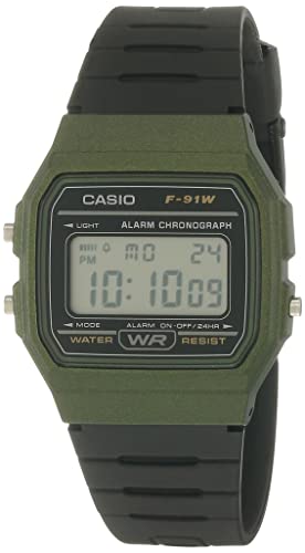 Casio Unisex Watch in Resin/Acrylic Glass with Date Display and LED Light - Water Resistance & Alarm, Green, 38.2 x 35.2 x 8.5 mm, Strap (F-91WM-3AEF)