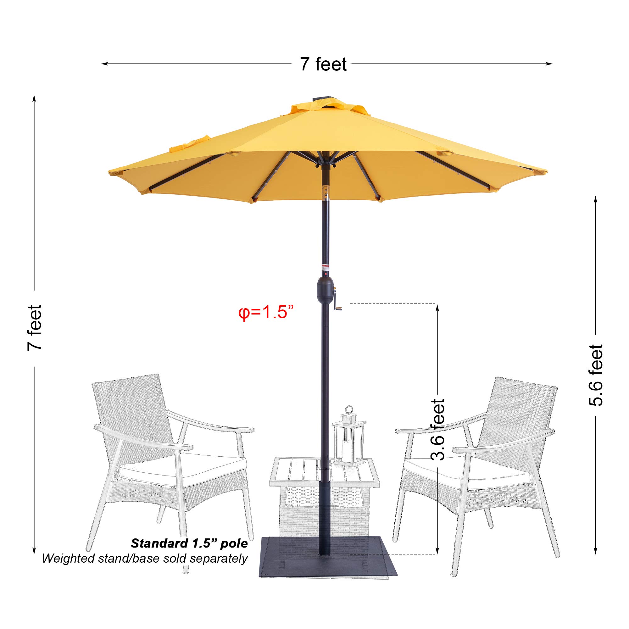 Sundale Outdoor 7 ft Solar Powered 24 LED Lighted Patio Umbrella Table Market Umbrella with Crank & Push Button Tilt for Garden, Deck, Backyard, Pool, 8 Steel Ribs, Polyester Canopy (Yellow)