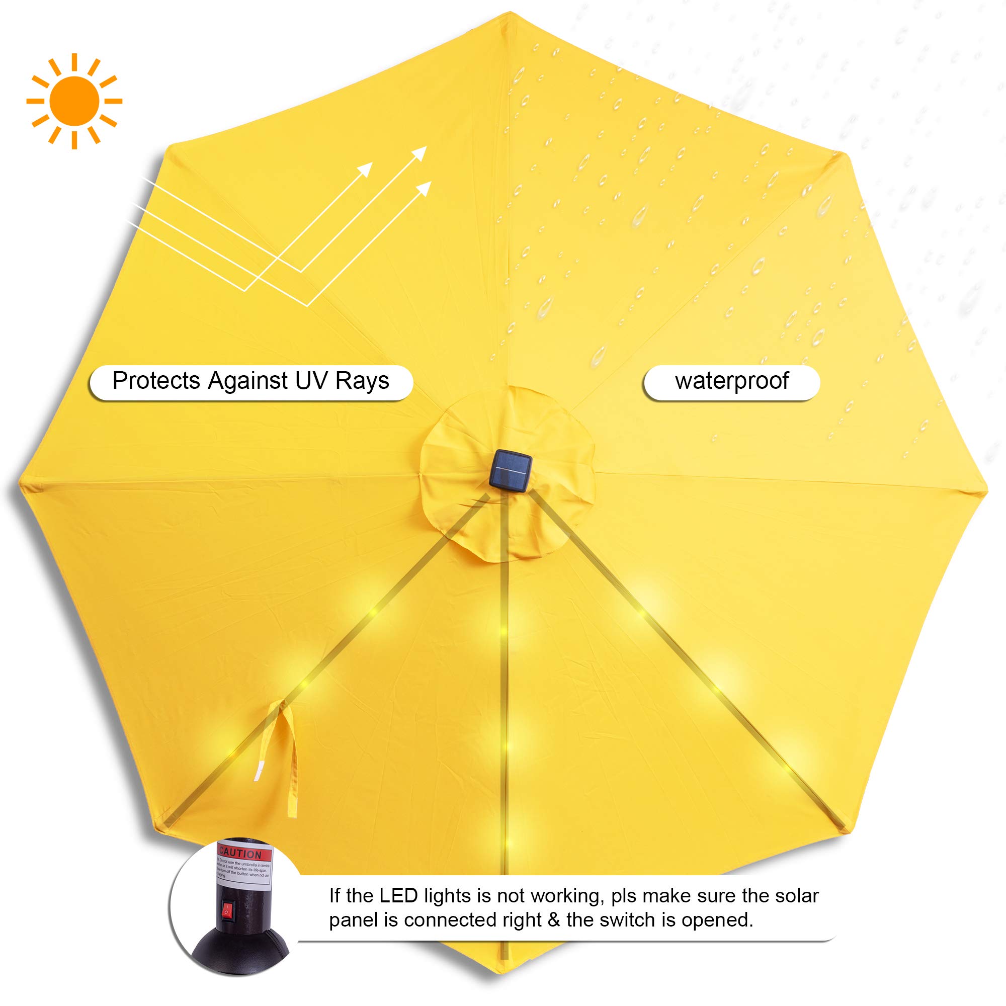 Sundale Outdoor 7 ft Solar Powered 24 LED Lighted Patio Umbrella Table Market Umbrella with Crank & Push Button Tilt for Garden, Deck, Backyard, Pool, 8 Steel Ribs, Polyester Canopy (Yellow)