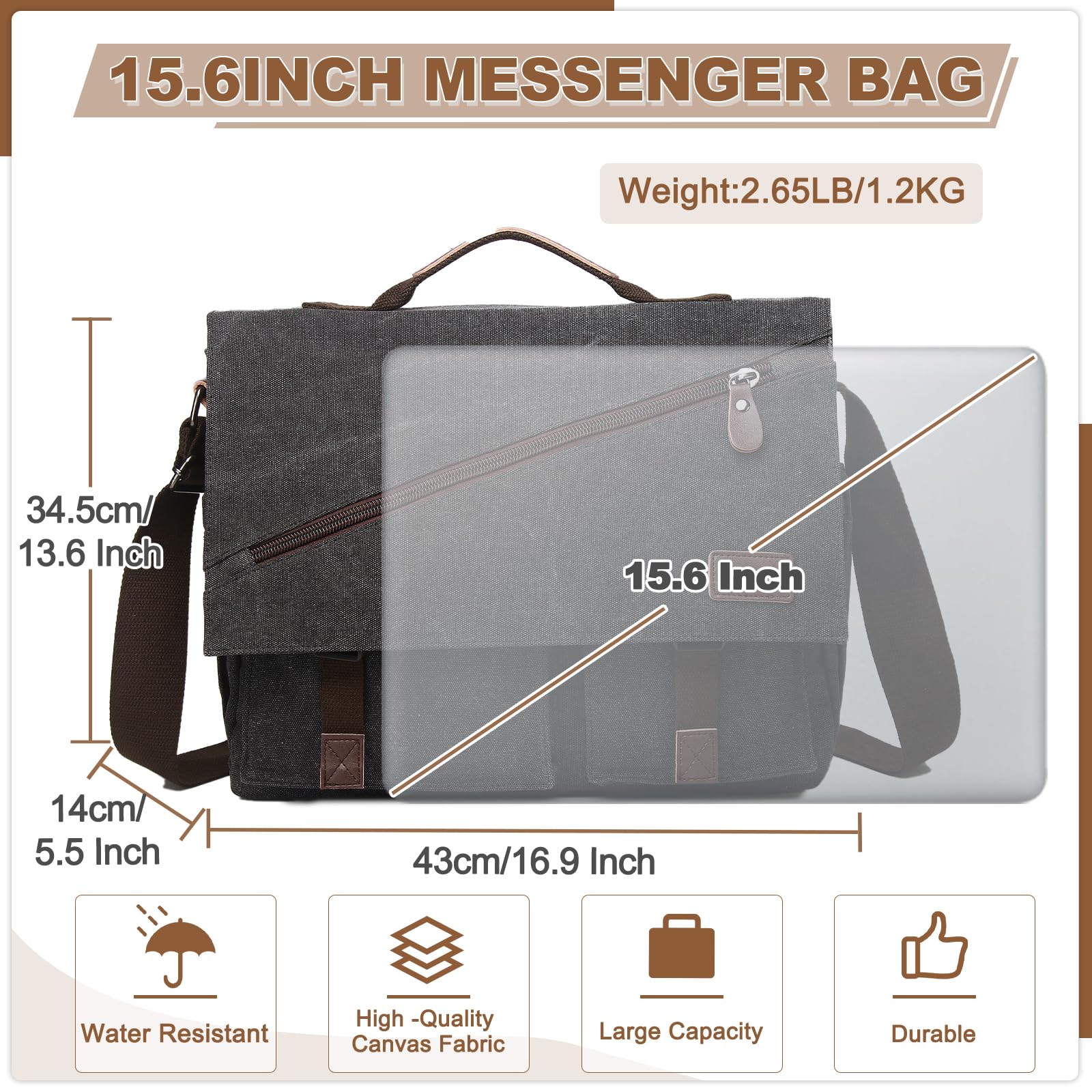 RAVUO Messenger Bag for Men,Water Resistant Canvas Satchel 15.6 17 Inch Laptop Briefcases Business Shoulder Crossbody Bag