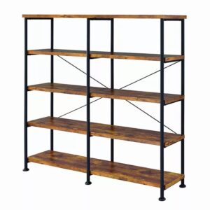 benjara industrial style metal frame 4 shelf wooden bookcase, brown and black