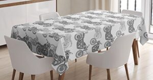 ambesonne motorcycle tablecloth, realistic grayscale illustration of classic motorcycles with many details, dining room kitchen rectangular table cover, 60" x 84", black white