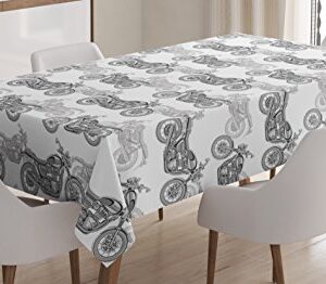 Ambesonne Motorcycle Tablecloth, Realistic Grayscale Illustration of Classic Motorcycles with Many Details, Dining Room Kitchen Rectangular Table Cover, 60" X 84", Black White