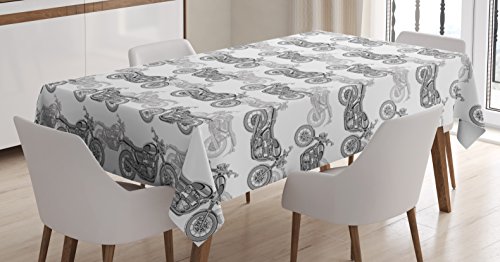 Ambesonne Motorcycle Tablecloth, Realistic Grayscale Illustration of Classic Motorcycles with Many Details, Dining Room Kitchen Rectangular Table Cover, 60" X 84", Black White