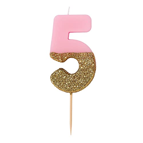 Talking Tables Pink Number 5 Candle with Gold Glitter Premium Quality Cake Topper Decoration For Kids, Adults, 50th Birthday Party, Anniversary, Milestone Age, Height 8cm, 3"