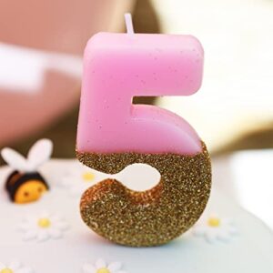 Talking Tables Pink Number 5 Candle with Gold Glitter Premium Quality Cake Topper Decoration For Kids, Adults, 50th Birthday Party, Anniversary, Milestone Age, Height 8cm, 3"