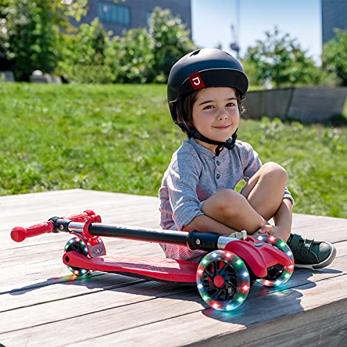 Jetson 3-Wheel Scooters - Twin Kick Scooter (Red) - Collapsible Portable Kids Three Wheel Push Scooter - Lightweight Folding Design with High Visibility RGB Light Up LED Wheels