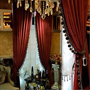 luxury pom poms curtain for living room blackout velvet 2 panels curtains set luxury tassel bedroom curtains (burgundy, (50w×84l)×2)