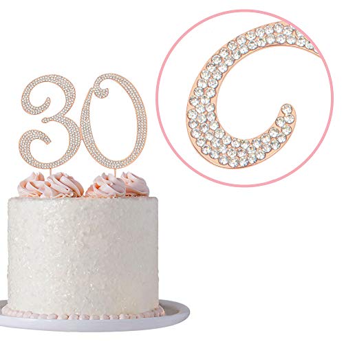 Crystal Creations 30 Cake Topper - Premium Rose Gold Metal - 30th Birthday or Anniversary Party Sparkly Rhinestone Decoration Makes a Great Centerpiece - Now Protected in a Box