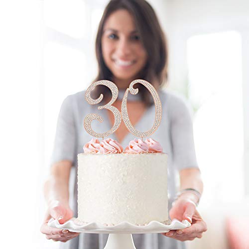 Crystal Creations 30 Cake Topper - Premium Rose Gold Metal - 30th Birthday or Anniversary Party Sparkly Rhinestone Decoration Makes a Great Centerpiece - Now Protected in a Box