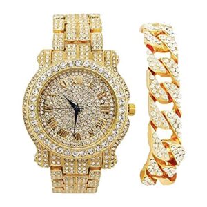 charles raymond bling-ed out silver round luxury mens watch w/bling-ed out cuban bracelet - l0504b - cuban (gold)