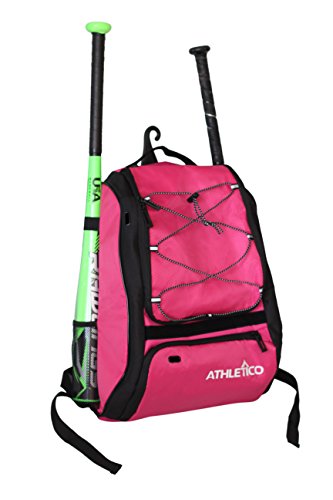 Athletico Baseball Bat Bag - Backpack, T-Ball & Softball Equipment & Gear for Youth and Adults | Holds Helmet, Glove | Shoe Compartment & Fence Hook (Magenta)