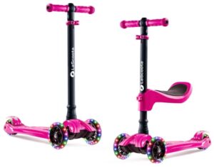 lascoota 2-in-1 kids kick scooter, adjustable height handlebars and removable seat, 3 led lighted wheels and anti-slip deck, for boys & girls aged 3-12 and up to 100 lbs.