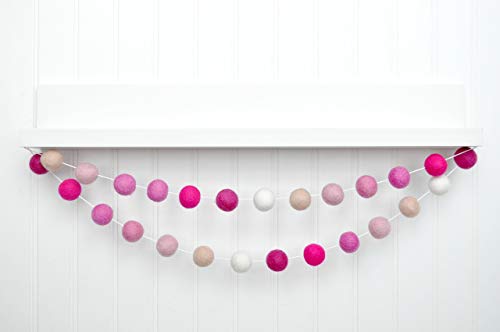 Valentine's Day Felt Ball Garland - Raspberry, Hot Pink, Rose, Pink, White - 1" (2.5 cm) felt balls