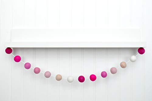 Valentine's Day Felt Ball Garland - Raspberry, Hot Pink, Rose, Pink, White - 1" (2.5 cm) felt balls