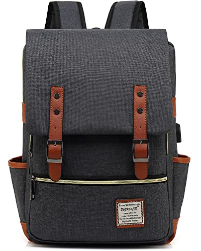 UGRACE Vintage Laptop Backpack with USB Charging Port, Elegant Water Resistant Travelling Backpack Casual Daypacks College Shoulder Bag for Men Women, Fits up to 15.6Inch Laptop in Black