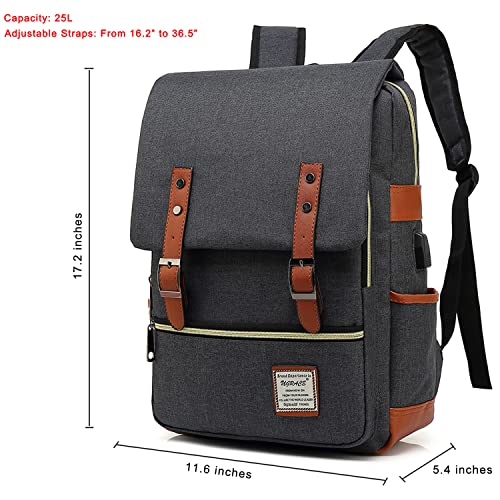 UGRACE Vintage Laptop Backpack with USB Charging Port, Elegant Water Resistant Travelling Backpack Casual Daypacks College Shoulder Bag for Men Women, Fits up to 15.6Inch Laptop in Black
