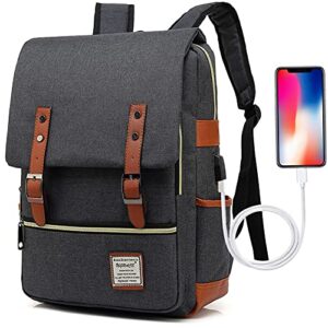 ugrace vintage laptop backpack with usb charging port, elegant water resistant travelling backpack casual daypacks college shoulder bag for men women, fits up to 15.6inch laptop in black