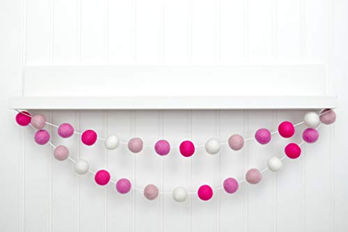 Valentine's Day Felt Ball Garland - Hot Pink, Bubblegum, Light Pink, White - 1" (2.5 cm) felt balls