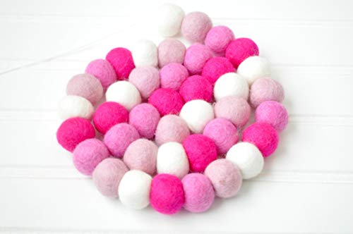 Valentine's Day Felt Ball Garland - Hot Pink, Bubblegum, Light Pink, White - 1" (2.5 cm) felt balls