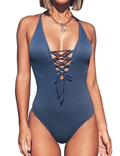 CUPSHE Women's Solid Color V Neck Lace Up One Piece Swimsuit, Blue, XL