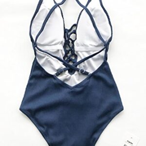 CUPSHE Women's Solid Color V Neck Lace Up One Piece Swimsuit, Blue, XL