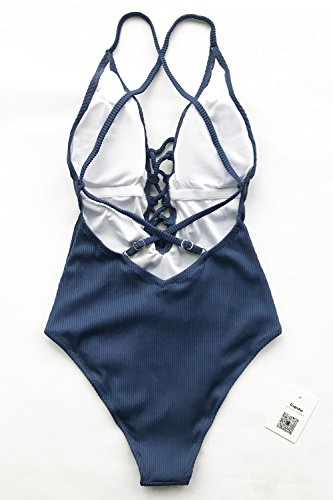 CUPSHE Women's Solid Color V Neck Lace Up One Piece Swimsuit, Blue, XL