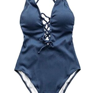 CUPSHE Women's Solid Color V Neck Lace Up One Piece Swimsuit, Blue, XL